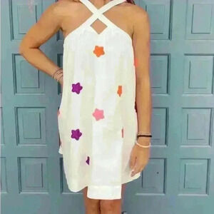 TCEC White Mini Dress lined sequin stars. Super stretchy straps